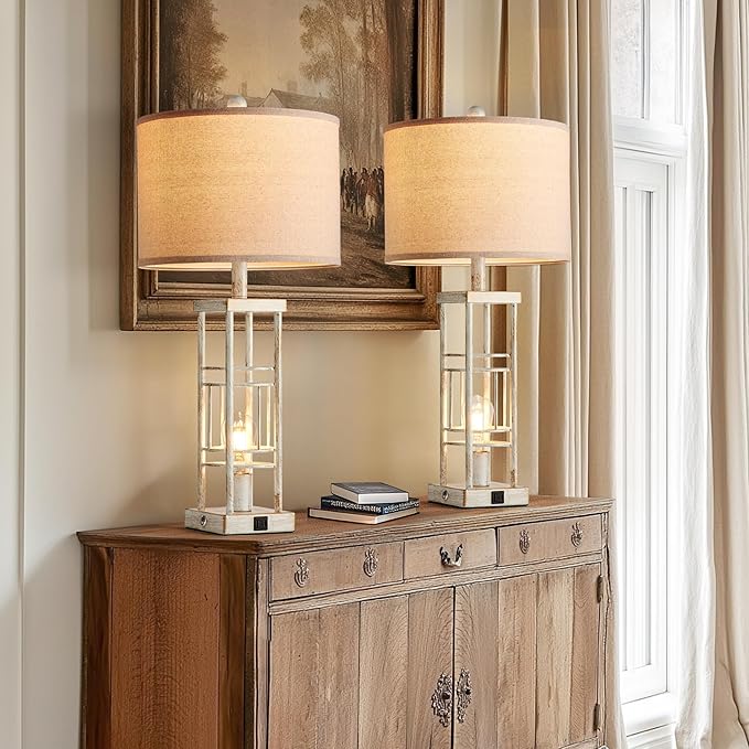 Table Lamp for Living Room Set of 2 with USB C+A & Bulbs, 3-Way Dimmable 27.6" Farmhouse End Lamps, Rustic Bedside Lamp for End Tables, Industrial Nightstand Lamps for Bedroom - Bloomnest