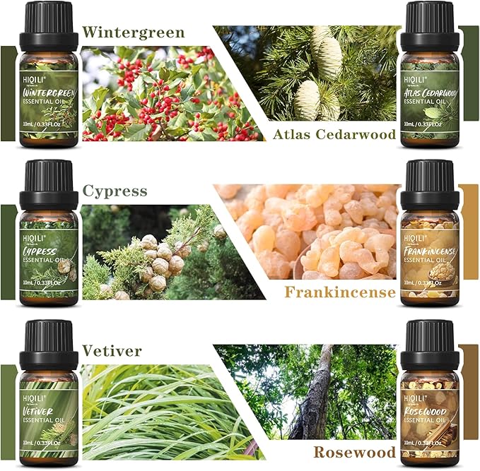 HIQILI Woodsy Fragrance Oil Set for Aromatherapy, Essential Oil Diffuser, Ideal for DIY Candles & Perfume Making, Massage Oil - Cedarwood, Frankincense, Vetiver, Rosewood, Cypress - 6x10ml - Bloomnest