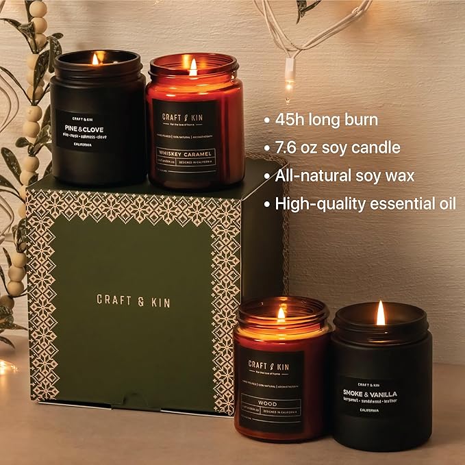 Craft & Kin Scented Candle Gift Set | Embers & Spice Home Scented Candle Sets for House Warming, Men's Gift Candles - Bloomnest