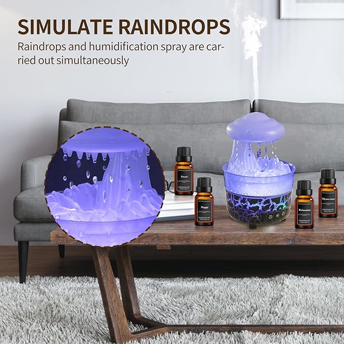 BOHOFAM Aroma Essential Oil Diffuser,Rain Cloud humidifier Simultaneously Water Drip and Air Mist,Rain Diffuser with 4 Hotel Collection Essential Oils for Home,Bedroom,Colorful Light(Black) - Bloomnest