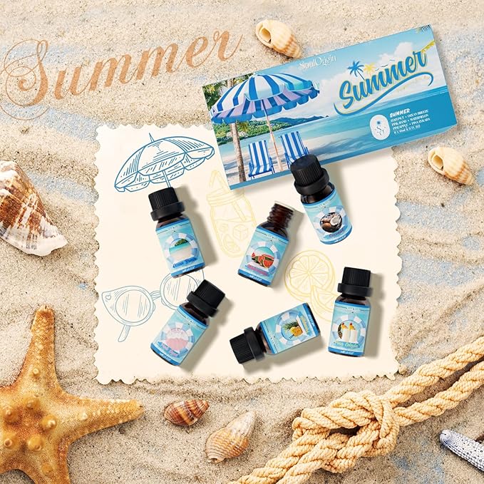 Summer Essential Oils Set, Fragrance Oil Gift Set for Oil Diffusers, Scented Oils for Soap Candle Making 6x10ml - Sea Breeze, Pineapple, Watermelon, Coconut, Pink Beach, and Pina Colada - Bloomnest