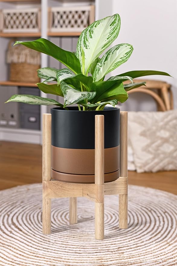 D'vine Dev Ceramic Planter with Natural Stand - 8 Inch Modern Round Flower Pot with Wood Planter Holder, Black/Speckled Tan, 55-B-N-7 - Bloomnest