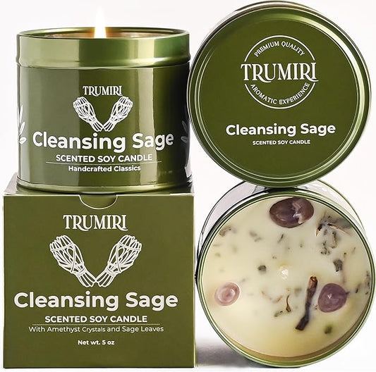 Sage Candle for Cleansing House Negative Energy Smudge Kit - 5oz Soy Wax Natural Clean Organic Non Toxic - Aromatherapy Spiritual Meditation Gifts - Long Lasting Highly Scented Candel with Crystals TRUMIRI