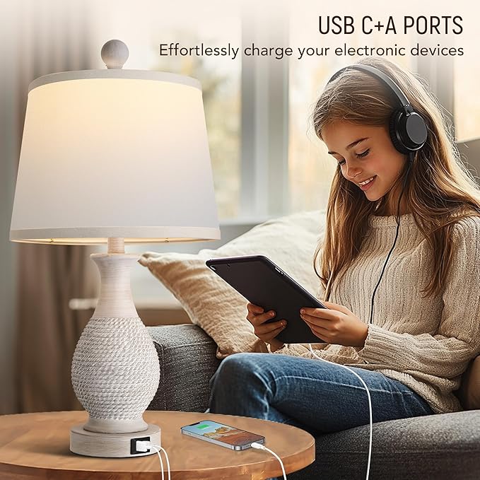 PARTPHONER Traditional Table Lamps Set of 2, Bedside Touch Lamp with USB C+A Charging Ports, Rustic Farmhouse Table Lamps for Living Room Bedroom, Side Table Lamp with White Fabric Shade, Antique Grey - Bloomnest