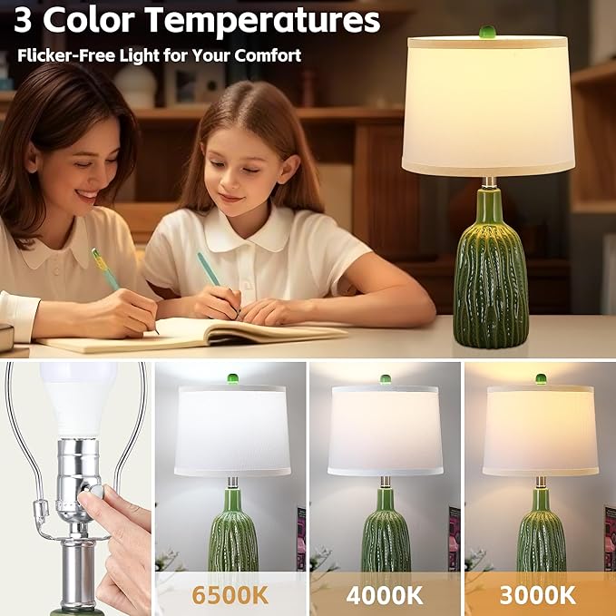 GRUENLICH Ceramic Table Lamp Set of 2 for Nightstand, 22.5" Modern Green Bedside Lamp with 3 Adjustable Color Temperature, Bedroom Lamp for Living Room Desk End Table Office (2 LED Bulbs Included) - Bloomnest