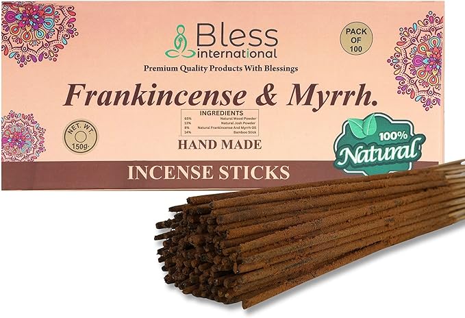 Bless-Frankincense-and-Myrrh 100%-Natural-Handmade-Hand-Dipped-Incense-Sticks Organic-Chemicals-Charcoal-Free Purification-Relaxation-Positivity-Yoga-Meditation Best-Woods-Scent (100 Sticks (5.25 OZ)) BlessInternational
