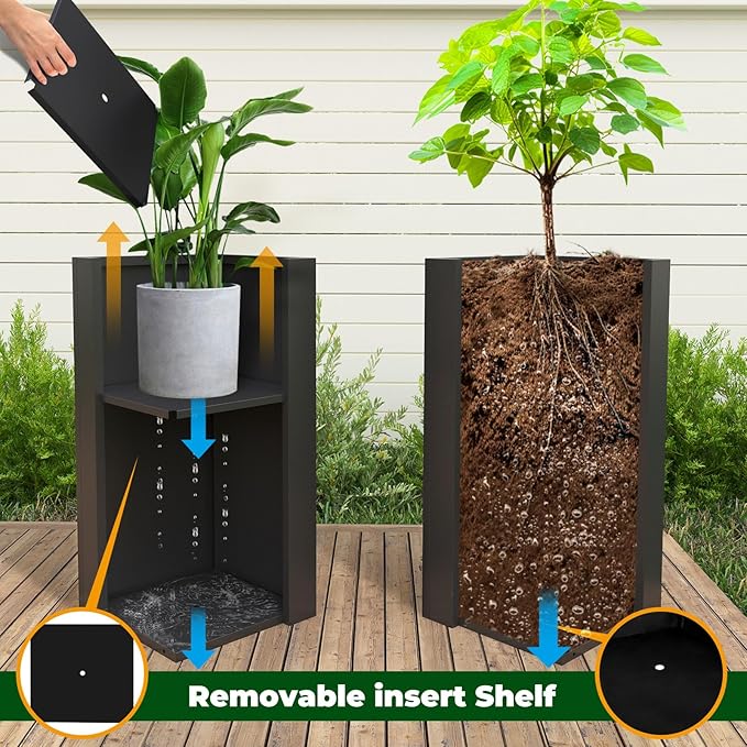 Galvanized Steel Metallic Heavy Planter for Outdoor Plants Metal Planters Box 14"x14"x30" Spliced Flower Planter with Partitions for Outside,Indoor,Garden (Black, 14 * 14 * 30) - Bloomnest