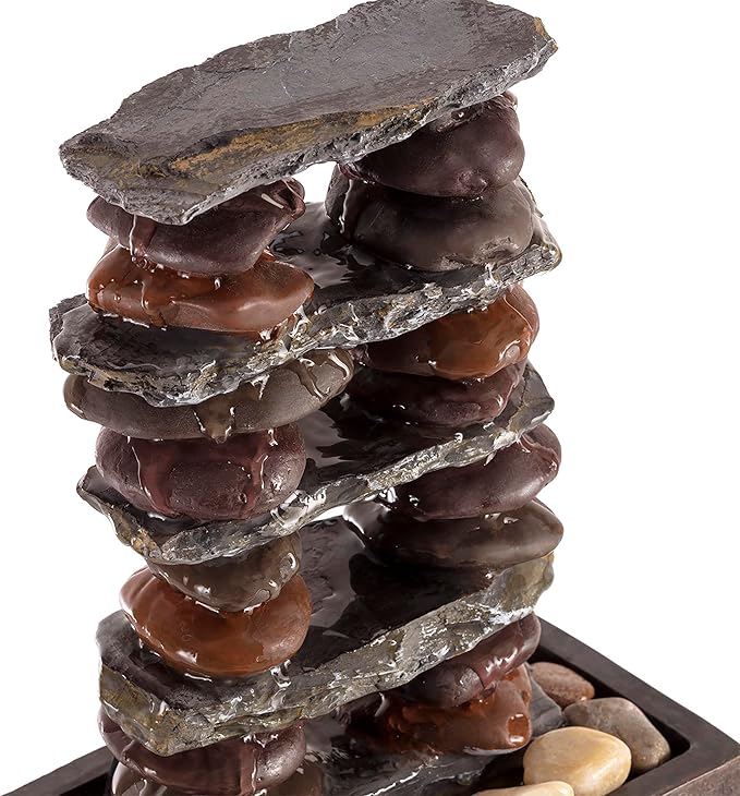 Alpine Corporation TT8002 Indoor/Outdoor Tabletop Stacked Rocks Eternity Fountain, Modern Rocks Tabletop Fountain 12", Brown - Bloomnest