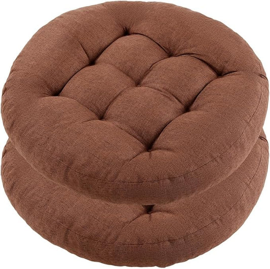 Meditation Floor Pillow, 2 Pack Round Floor Cushions for Adults, Button Tufted Seat Cushions for Yoga Tatami Living Room, Brown, 22 x 22 x 4 in