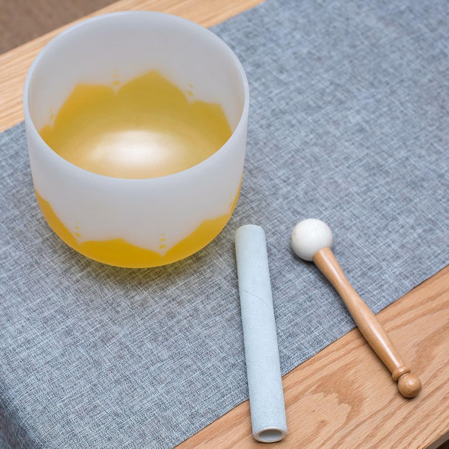 Leize Quartz Crystal Singing Bowl 432hz E Note Solar Plexus Chakra Yellow Lotus Design 10" Wide with Suede Striker