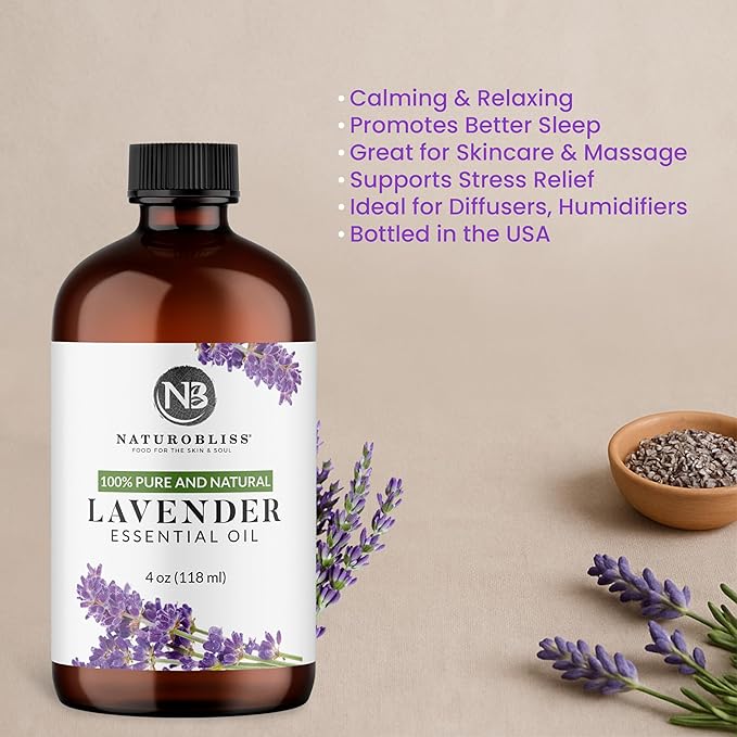 NaturoBliss Lavender Essential Oil with Glass Dropper - 100% Pure and Natural - Essential Oils for Diffuser, Aromatherapy, Soap and Candle Making, Lavender Essential Oil Pure, Lavender Oil, 4 Fl Oz - Bloomnest
