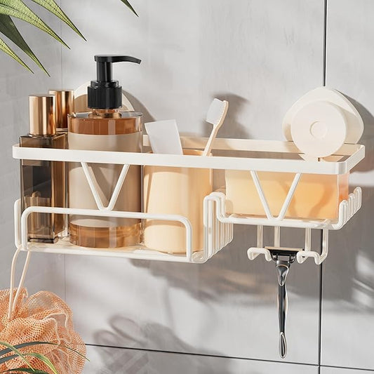 KEGII Shower Caddy Suction Cup with Soap Holder and Hooks, Removable Suction Bathroom Organizer Shelf, No Drilling Shower Organizer, Stainless Steel Shampoo Holder for Bathroom Storage, Cream White - Bloomnest