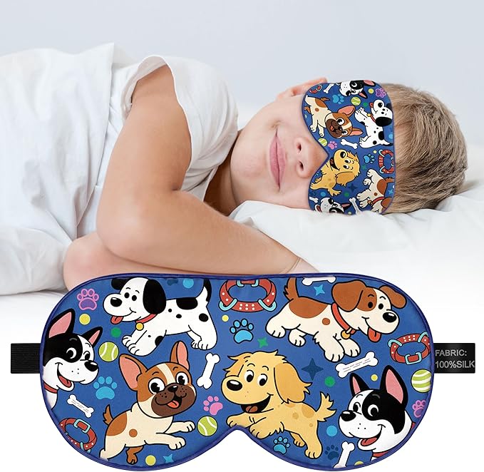 Silk Kids Sleep Mask: 100% Mulberry Silk Eye Mask, Sleeping Masks with Adjustable Strap, Soft & Light-Blocking Printed Kid Eye Cover for Boys Girls Teens Aged 5-15 (Puppy Theme) - Bloomnest