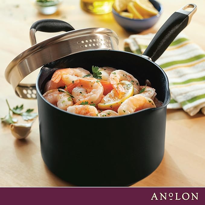 Anolon Advanced Home Hard Anodized Nonstick Sauce Pan/Saucepan with Straining and Lid, 2 Quart (2 Qt Straining Saucepan, Onyx) - Bloomnest