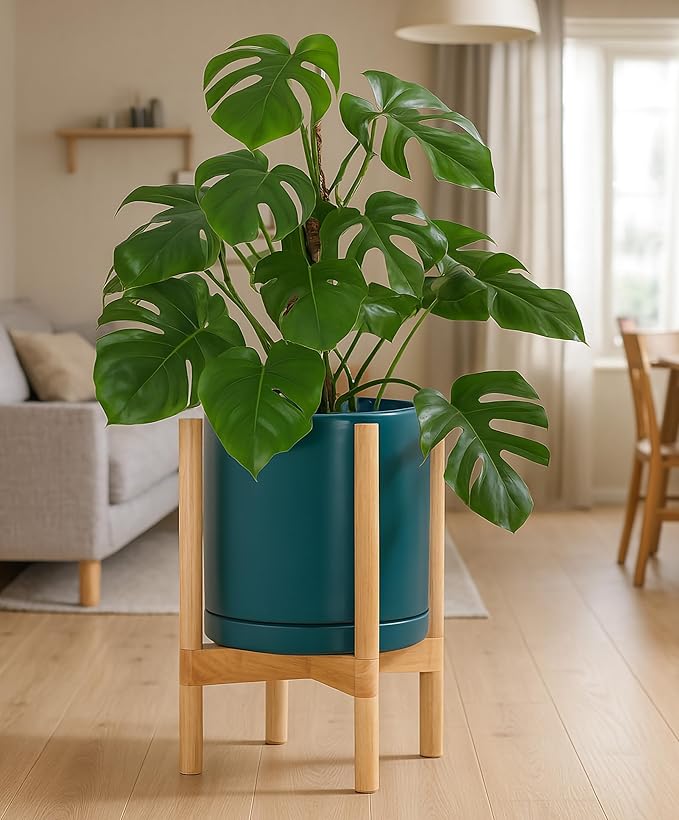 D'vine Dev Ceramic Planter with Natural Stand - 12 Inch Modern Round Flower Pot with Wood Planter Holder, Teal, 55-B-J-4 - Bloomnest