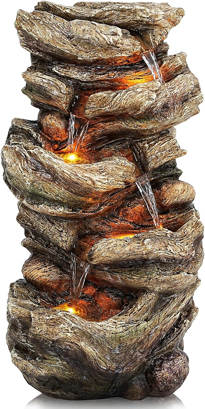 32" High Outdoor Water Fountain, 5-Tiers Cascading Rock Waterfall with LED Lights for Garden, Patio, Yard Decor, Soothing Tranquility for Any Outdoor Living Space - Bloomnest