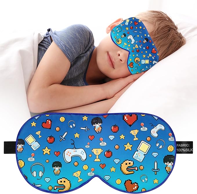Kids Sleep Mask Eye Cover: 100% Real Natural Pure Silk Eye Mask with Adjustable Strap, Funny Blindfold Kids Eye Mask for Sleeping, Soft & Lightweight Eye Shade for Boys Girls Teens (Games Style) - Bloomnest