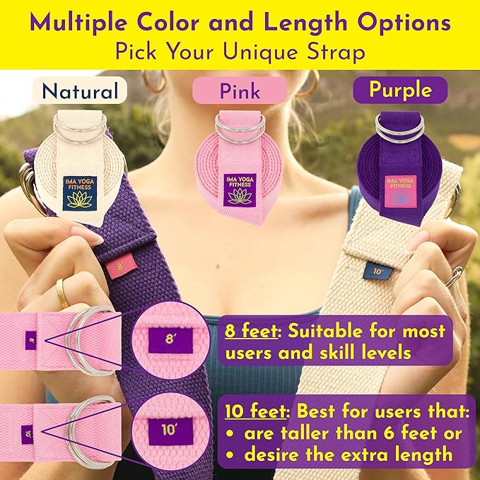 Adaptive Yoga Strap, Stretching Strap, 2 Inches Wide, 100% Naturally Soft Cotton, Steel D-Rings, Includes Natural Cotton Drawstring Storage Pouch and Instructional E-Book - Bloomnest