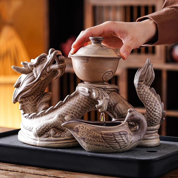 Ceramic Teapot with Infuser Semi Automatic Tea Set Magic Teapot with 8 cups Gradient Color (Retro Dragon- A) - Bloomnest