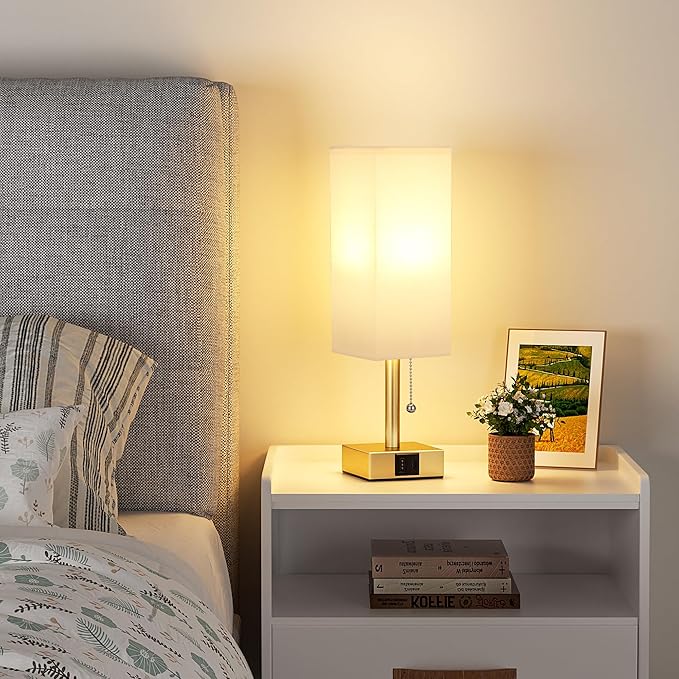 aooshine White Small Table Lamp for Bedroom - 3 Color Temperature 3000K 5000K 4000K Bedside Lamp, Pull Chain Control, USB A and C Ports, Pure Gold Color Base, Bulb Included - Bloomnest