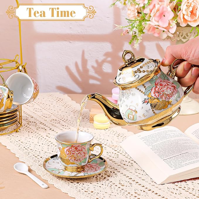 20 Pcs Porcelain Tea Set for Women, Vintage Teapot Set with Metal Holder and Spoons European Ceramic Flower Tea Sets for Home Family Gathering Tea Party - Bloomnest
