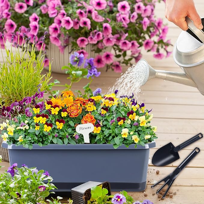 Window Box Planter 6 Pcs, 18 Inches Rectangle Flower Pots with Drainage Holes and Trays, Vegetable Planters for Windowsill Patio Garden Balcony Home Porch Yard Indoor Outdoor (Grey, 18*10*6 inch) - Bloomnest