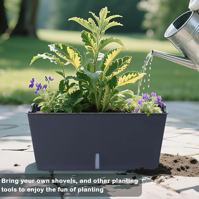 Window Box Planter 6 Pcs, 16.5 Inches Self Watering Rectangle Flower Plant Pots with Drainage Holes Trays, Vegetable Planters for Windowsill Patio Garden Balcony Porch Yard (Black) - Bloomnest