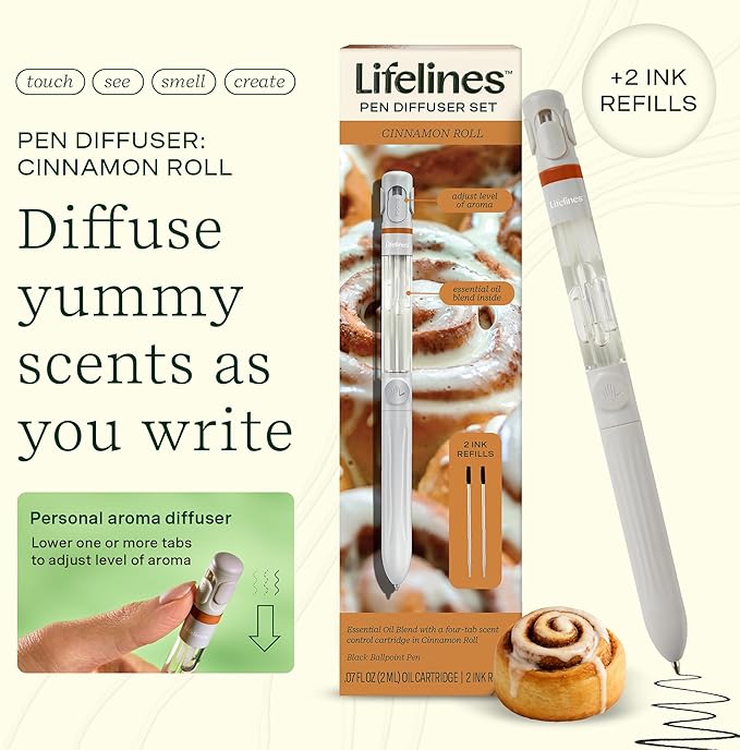 Lifelines Pen Diffuser Set, Cinnamon Roll - 1mm Black Ballpoint Pen with Scented Essential Oil Blend & 2 Ink Refills – Aromatherapy Diffuser & Sensory Immersion Diffuse Aroma As You Write - Bloomnest