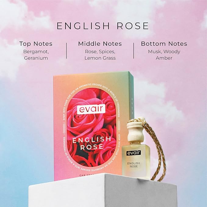 Evair Combo Pack of Car Air Freshener with Essential Oils Fragrances Black Amber, Ocean Rush & English Rose in Glass Bottle with Wooden Diffuser Lid | Each 10 ml- Pack of 3 Evair