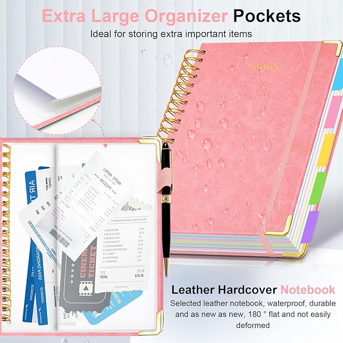 Hardcover Spiral Notebook 6.2"x 8.2" Journal Notebook with Tabs and Removable Dividers 300 Pages 5 Subject Notebook College Ruled, Faux Leather Spiral Bound Notebook for Women School Work (Pink) - Bloomnest