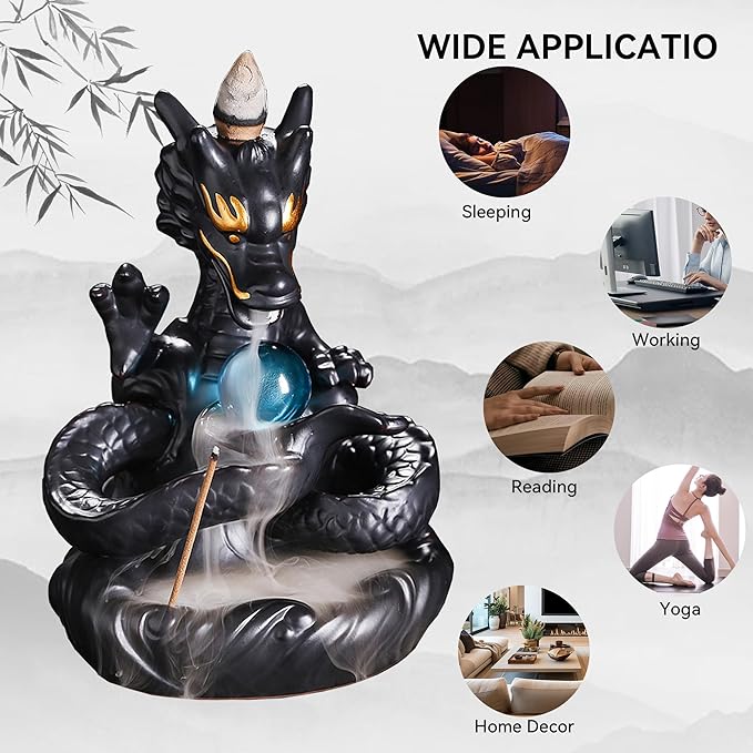 YYW Dragon Backflow Incense Holder, Waterfall Incense Burner with 30 Backflow Incense Sticks, 20 Fragrance cones, Ceramic Hand-Made Incense Holder for Aromatherapy Ornament Home Decor - Bloomnest