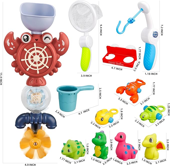Bath Toys Set, Toddlers Bath Toys 1-3, Kid Bathtub Toy with 4pcs Dinosaur Water Spray, Fishing Games with Fish Net, Water Pool Toy , Shower Toy Gift for Boy Girl Infant - Bloomnest