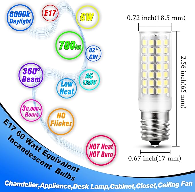 E17 LED Light Bulb 6W(60W Halogen Equivalent) 6000K Daylight White 700lm 120V E17 LED Intermediate Base Bulb for Chandelier,Appliance,Desk Lamp,Cabinet,Closet,Ceiling Fan,Non-dimmable,5pack - Bloomnest