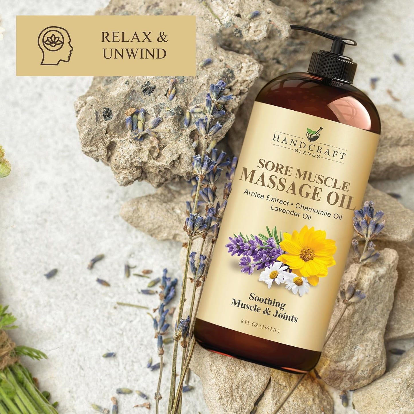 Handcraft Blends Sore Muscle Massage Oil 8 Fl Oz - Moisturizing Body Oil for Massage Therapy - Made with Arnica Extract, Chamomile, Lavender, Peppermint Oils