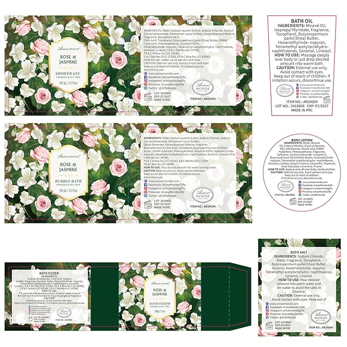 Gift Basket for Women - 8 Pc Rose & Jasmine Beauty & Personal Care Set - Home Bath Pampering Package for Relaxing - Spa Self Care Kit - Thank You, Birthday, Mom, Anniversary, Christmas Gift - Bloomnest