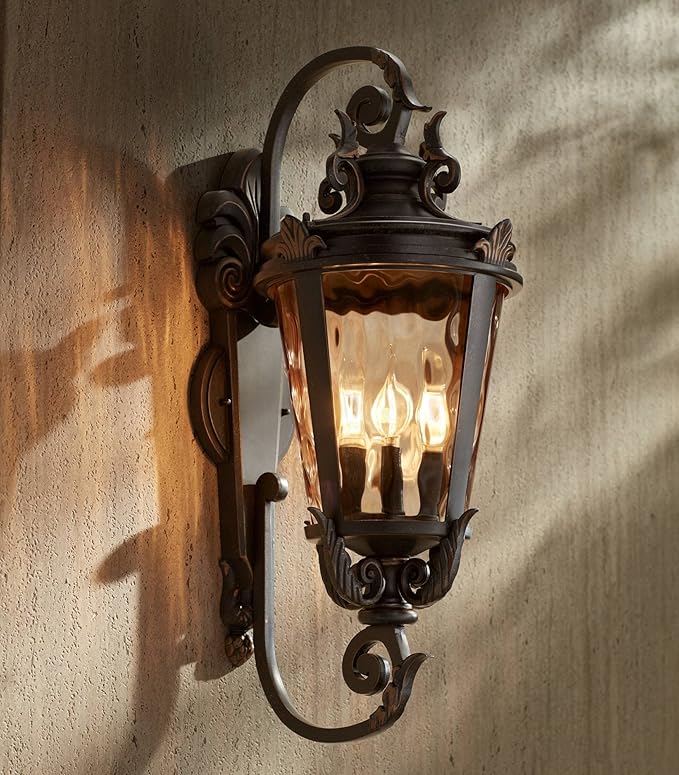 John Timberland Casa Marseille Rustic Industrial Outdoor Wall Light Fixture Warm Bronze Scroll 27 1/2" Hammered Glass for Exterior House Porch Patio Outside Deck Garage Yard Front Door Garden Home - Bloomnest