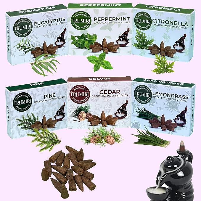 Leafy - Backflow Incense Cones for Waterfall - Scented Inscents-Cones - Peppermint, Citronella, Pine, Cedar, Eucalyptus, Lemongrass - Insiensos Aromaticos - 6x10=60 Large Variety Pack TRUMIRI
