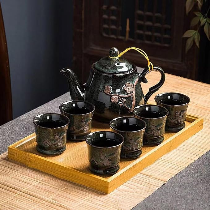 KEYDUACU Japanese Tea Set, Green Kiln-Formed Ceramic Plum Blossom Cameo Tea Set, Includes 1 Teapot, 6 Teacups,Tea Tray,Strainer, Used for gifts, home, outdoor, Chinese Kung Fu Tea Set(FDMHA-GREEN) - Bloomnest