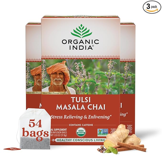 ORGANIC INDIA Tulsi Masala Chai Tea Bags - Holy Basil, Black Tea, Spices with Ginger, Stress Relieving, Immune Support, USDA Certified Organic, Antioxidant, Caffeinated - 18 Infusion Bags, 3 Pack - Bloomnest
