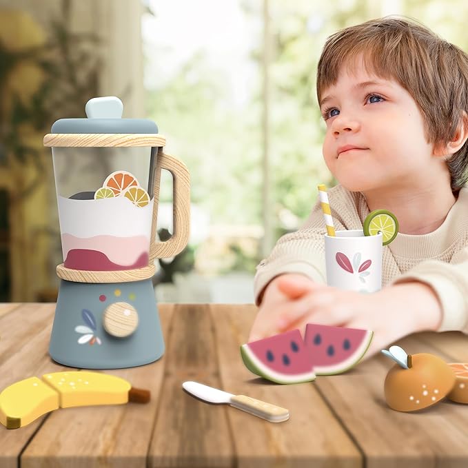 SPEEDY MONKEY Smoothie Maker Blender Set - FSC Wooden Food Blender Toy for Kids, Pretend Play Kitchen Appliance, Role Play Toy Mixer for Toddlers, Fun Fruity Smoothie Playset to Make a Healthy Shake - Bloomnest