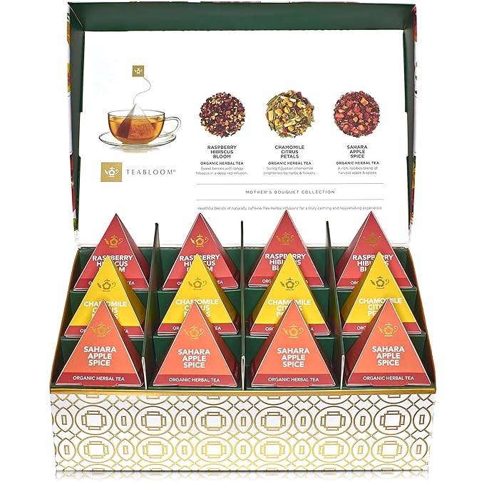 Teabloom Mother’s Bouquet Gourmet Tea Gift – Herbal Assortment with 12 Organic Plant-Based Pyramid Sachets, Caffeine-Free & Kosher, Elegant Presentation Box for Tea Lovers - Bloomnest