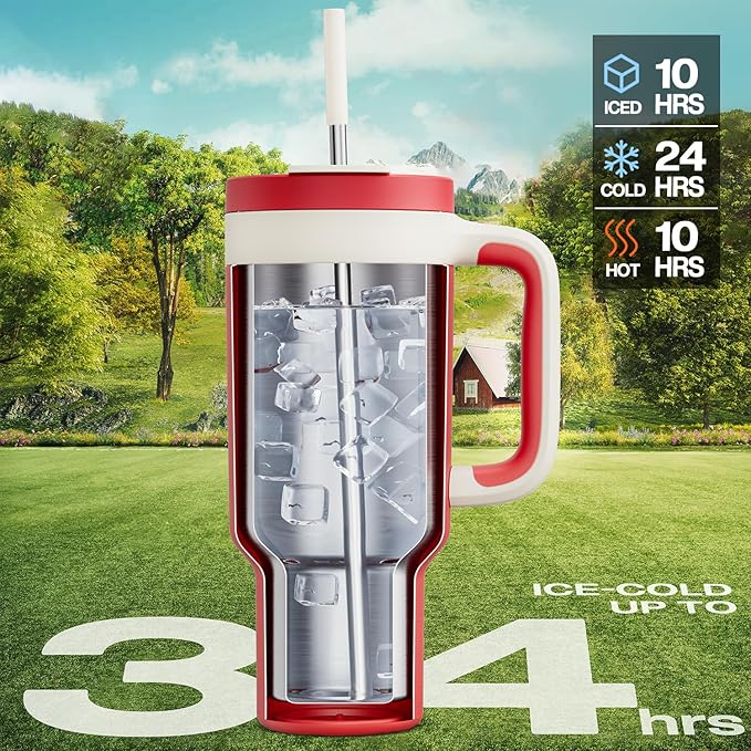 POWCAN 40 oz Tumbler with Handle, 2-in-1 Straw and Sip Lid, Leakproof, Dishwasher Safe, Insulated Stainless Steel Travel Coffee Mug, Keeps Cold for 34 Hours, Fits in Car Cup Holder (Passion) - Bloomnest