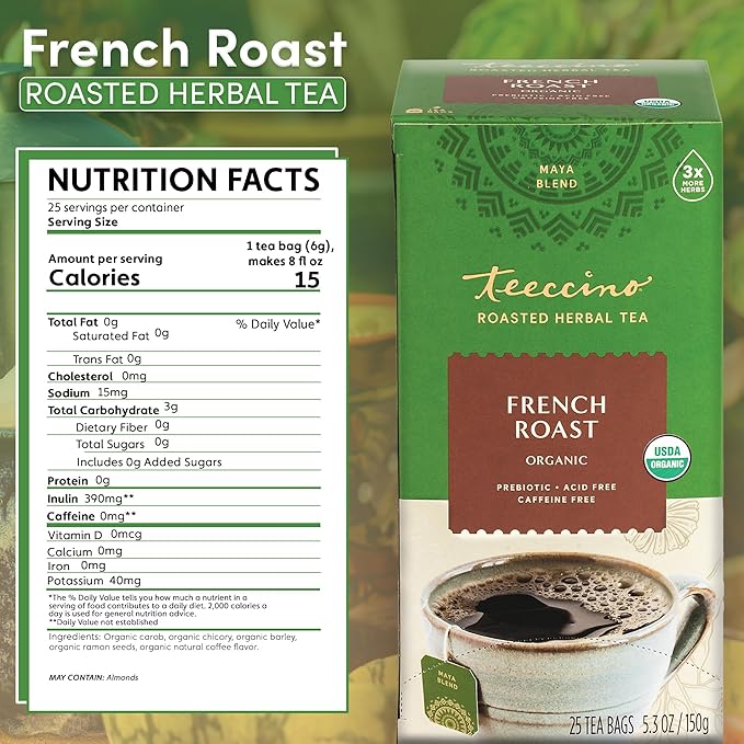 Teeccino French Roast Herbal Tea - Rich & Roasted Herbal Tea That’s Caffeine Free & Prebiotic for Natural Energy, Coffee Alternative, 25 Tea Bags - Bloomnest