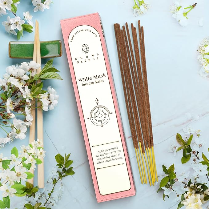 White Musk Incense Sticks, Organic Hand Dipped Incense, Natural Herbs & Aromatic Ingredients, Contain 40 Sticks, Burn Time 45 to 60 Minutes, Spiritual Gifts, Harmonic Incense by Karma Pledge KARMAPLEDGE