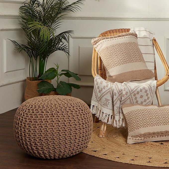 REDEARTH Round Pouf Ottoman - Hand Knitted Cable Boho Poof Home Décor Pouffe Circular Footrest for Living Room - Bedroom - Lounge - 100% Cotton (19.5"x19.5"x14") - Beige - Bloomnest