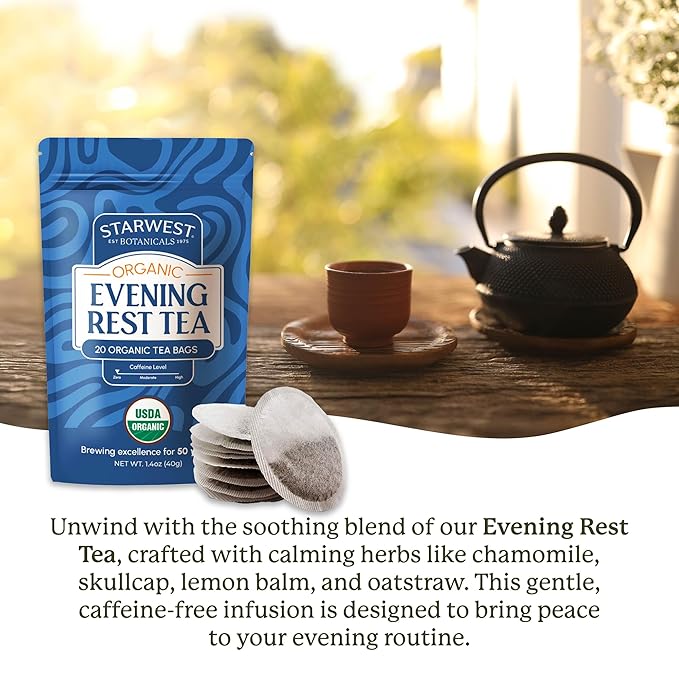 Starwest Botanicals Organic Evening Rest Tea - Caffeine Free Herbal Tea Blend for Sleep, Contains Chamomile & Lemon Balm, String Free Sachets, USDA Organic, Non GMO - 20 Tea Bags - Bloomnest