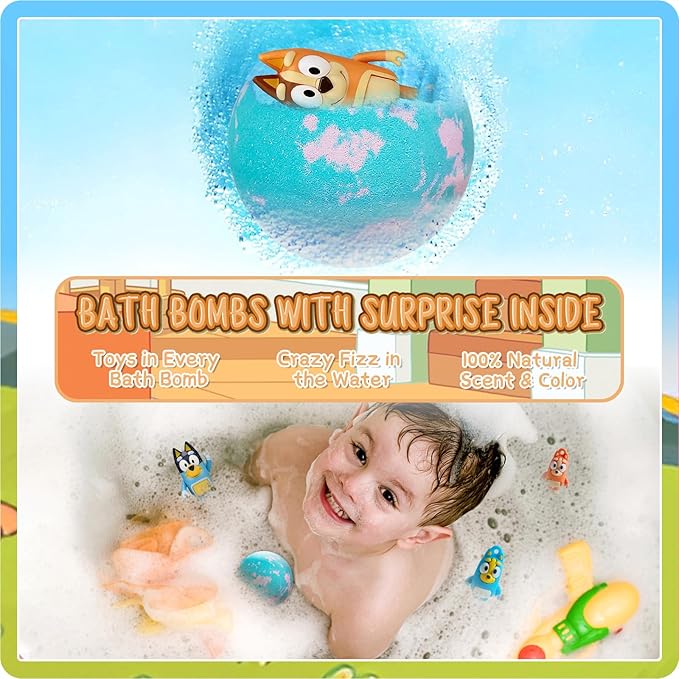 The Blue Heelers Gifts Set: Bath Bombs with Toys Inside, Shower Steamers, Felt Masks, Tattoos, Rubber Bag, Shoe Charms, Collapsible Cup, Storage Bag, Coloring, Gift Card&Sticker, Kids Best Gifts - Bloomnest
