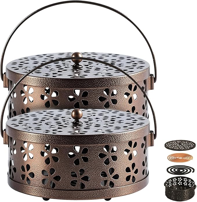 （2Pack,Bronze） Retro Portable Iron Mosquito Coil Holder with Handle Round Fireproof Incense Holder for Home Office. - Bloomnest