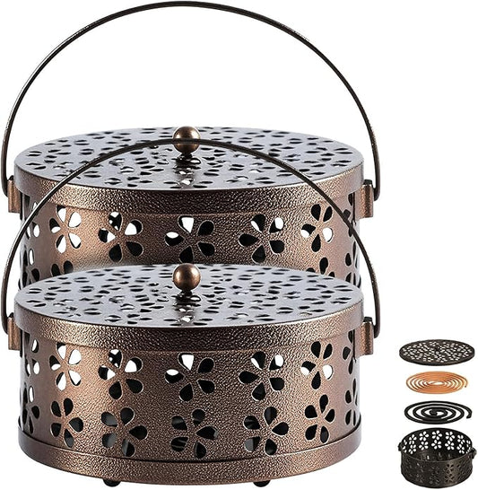 （2Pack,Bronze） Retro Portable Iron Mosquito Coil Holder with Handle Round Fireproof Incense Holder for Home Office. - Bloomnest