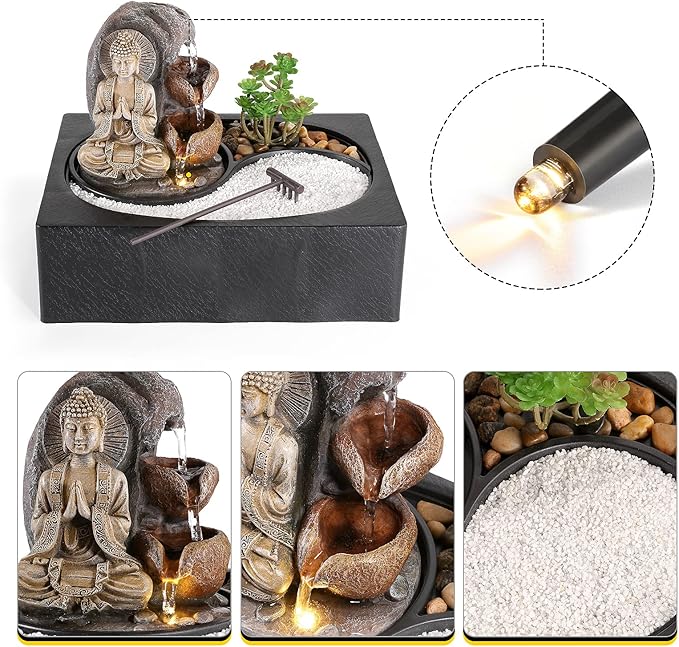 Dyna-Living Water Fountain - Indoor Small Tabletop Waterfall with Zen Garden, LED Warm Light Buddha Fountain for Home Zen Room Decor